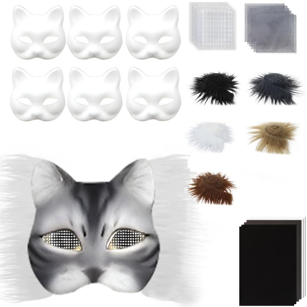 Lustiges Therianer Masken-Set Katzen Füchse Maske mit Fellen Augennetzen DIY Pelzige Tiermaske zum Bemalen für Halloween Cosplay Party