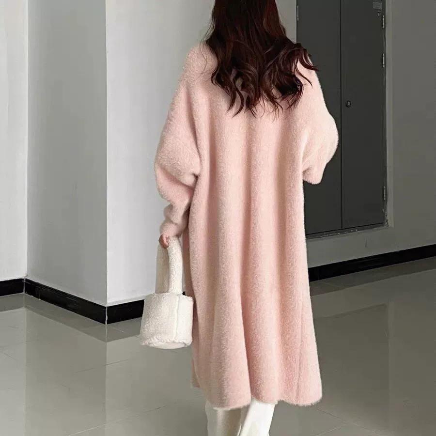 Versiune Mare Cardigan Tricotat din Lână Moale Ceroasă Imitată Mincă Toamnă și Iarnă Larg și Leneș Feng Shui Fleece de Mincă Jachetă Lungă Femei