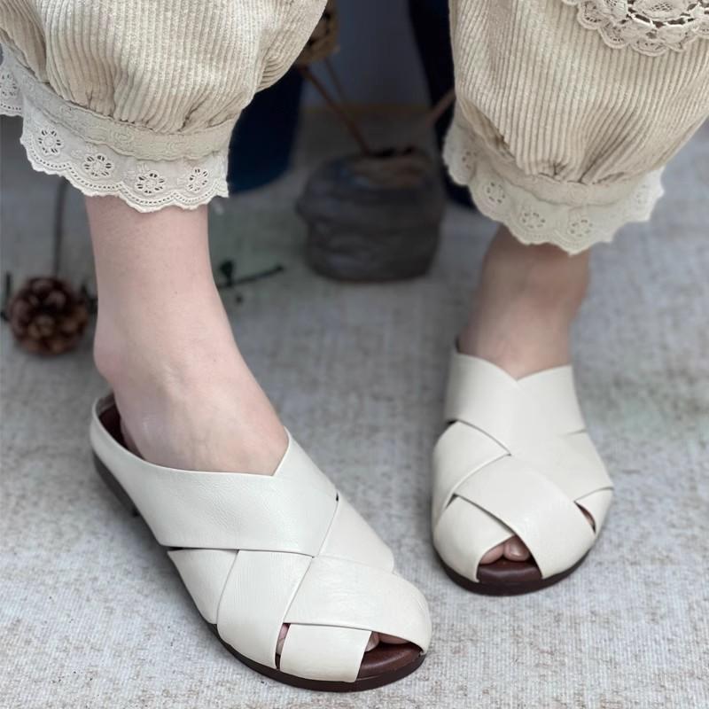 Fashion GKTINOO Genuine Leather Woven Round Toe Slippers 2025 Summer New Women Shoes Casual Outside Slides Comfort Flats Slippers