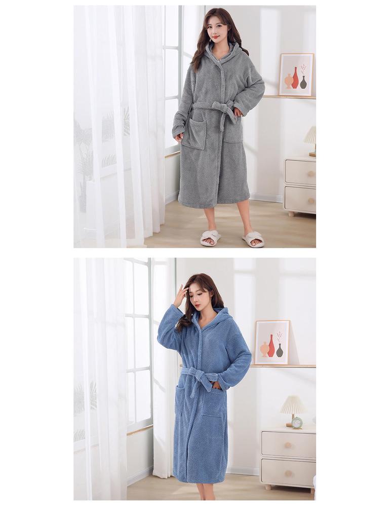 Four Seasons Merbau Hooded Coral Fleece Bathrobe: Thick, Wearable Bath Towel with Cross Tie and Long Sleeves.