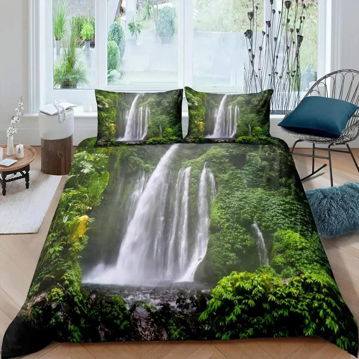 Comforter Landscape Painting Waterfall Queen Size Double Bed Natural Scenery Forest Waterfall Bedding 3-Piece Set Comforter (quilt)-EU Single(135*200cm)3pcs