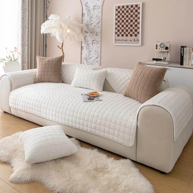 2026 Checkered Solid Color Sofa Cover Fabric for Autumn and Winter Thickened Warm Sofa Cushion Cover Soft and Sticky Anti Slip