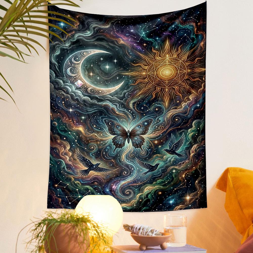 Wall Hanging Tapestry - Celestial Sun Moon Butterfly Birds Cosmic Mystic Spiritual Art Bed for Bohemian Home
