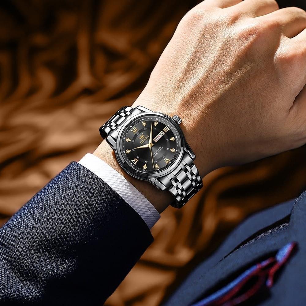 OLEVS Men's Watch All Black Quartz Calendar Waterproof Stainless Steel Stylish
