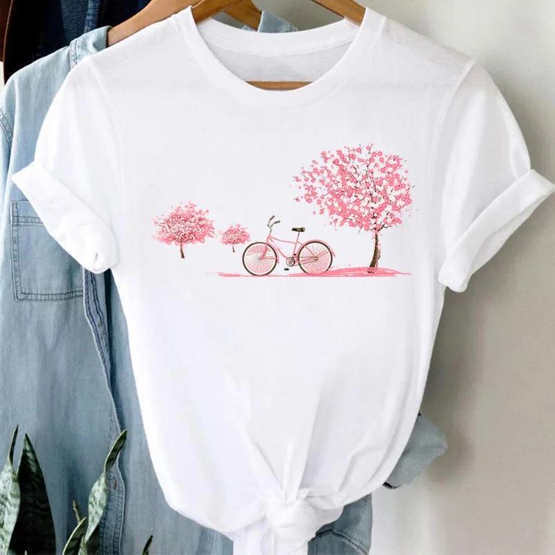 New Bicycle Flower Love Retro Loose Simple Cute Half Sleeve Short Sleeve T-shirt Woman Summer fashion polyester fabric