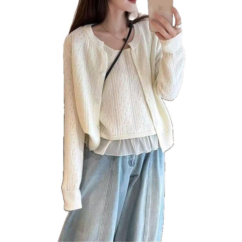 Autumn College-Style Lace Patchwork Knit Cardigan & Vest Two-Piece Set for Women