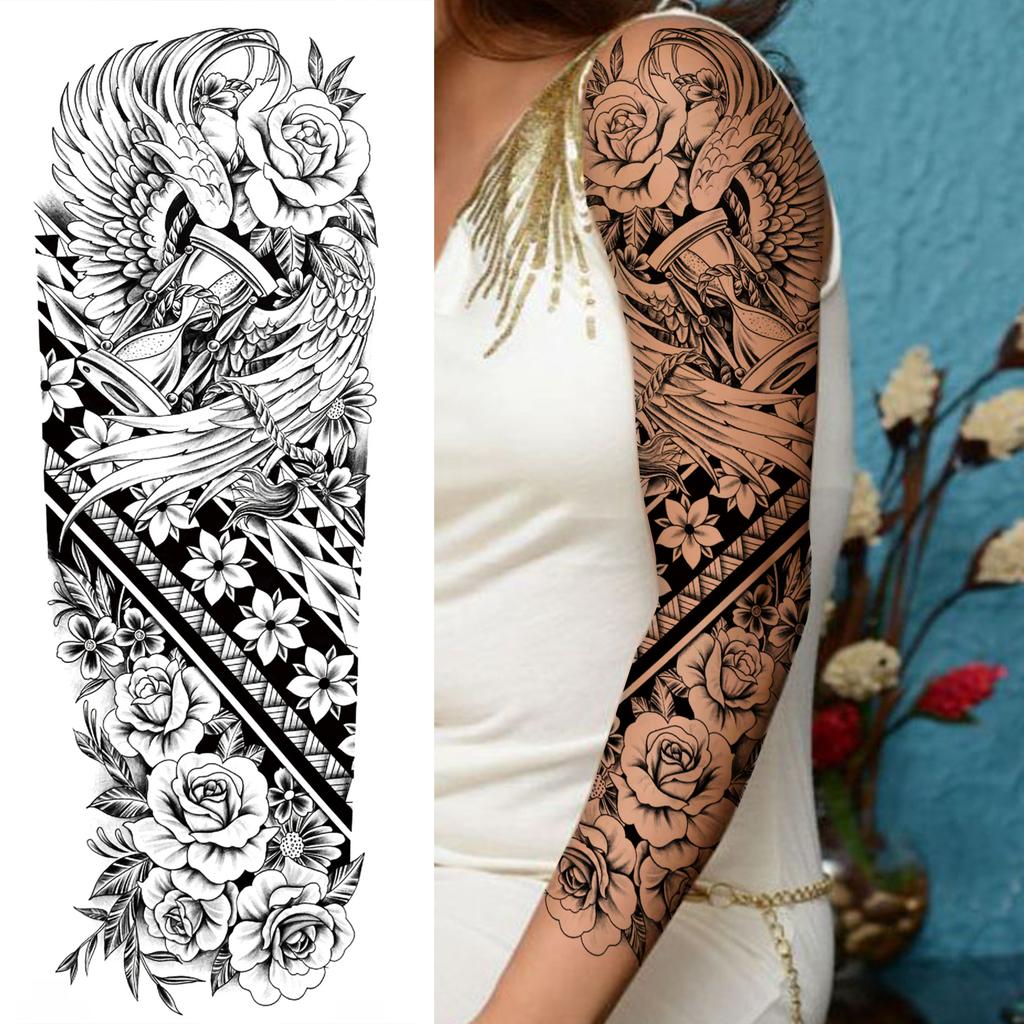 1 Sheet Long Sleeve Temporary Tattoos For Men Women Flower Skull Lion Wolf Tiger Nun Fox Compass Tattoo Sticker Body Art Arm Leg