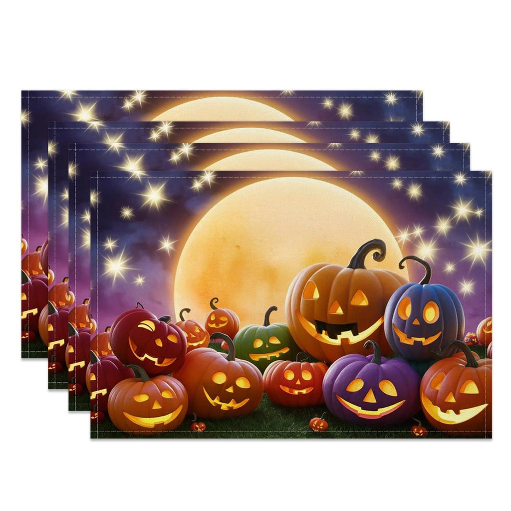 Halloween Placemats Dining Table Spooky Pumpkin Bat Moon Themed Table Mats Party Decor Trick or Treat Dinner Durable Washable