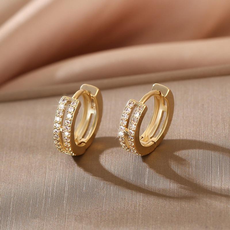 Fashion Zircon Double Layer Huggie Hoop Earrings for Women Vintage Stainless Steel Round Circle Earring Bling Party Jewelry Gift