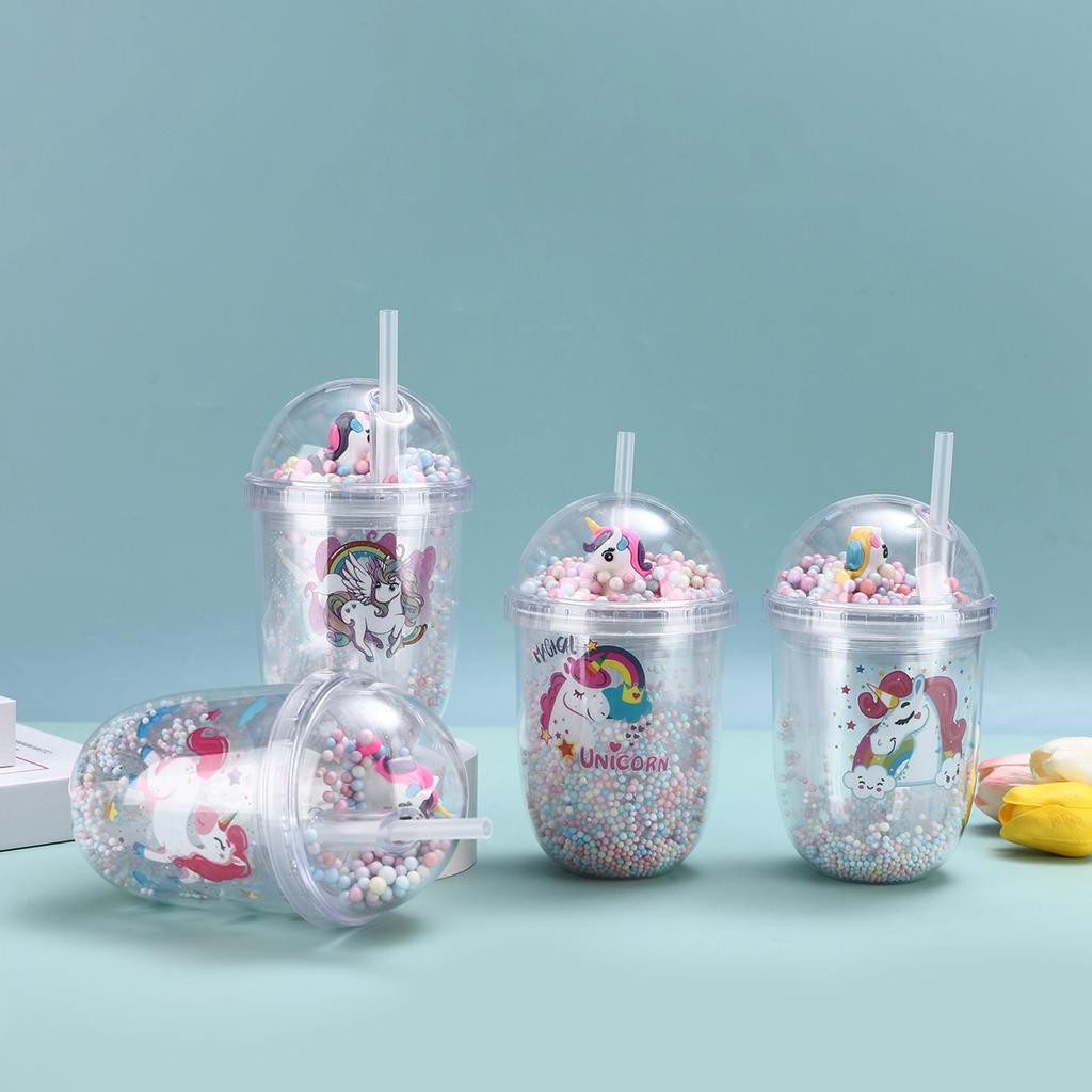 Water bottle creative unicorn double plastic cup high value male and female students cartoon summer straw cup children's water cup