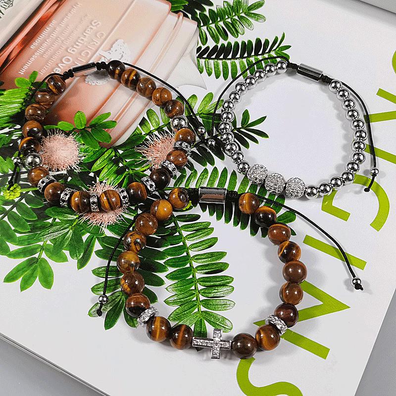 European Punk Zirconia & Tiger Eye Woven Bracelet Set for Couples