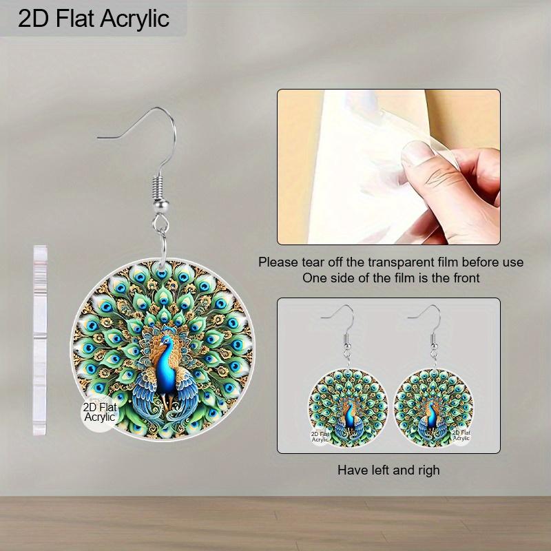 2D Flat Acrylic Diwali Green Peacock Feather Drop Earrings, A Festive Gift for Women, Perfect for Holiday Parties and Decorative Jewelry.