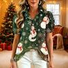 Women's Casual V-Neck Ruffle Short Sleeve Button-Front Top with Christmas Print