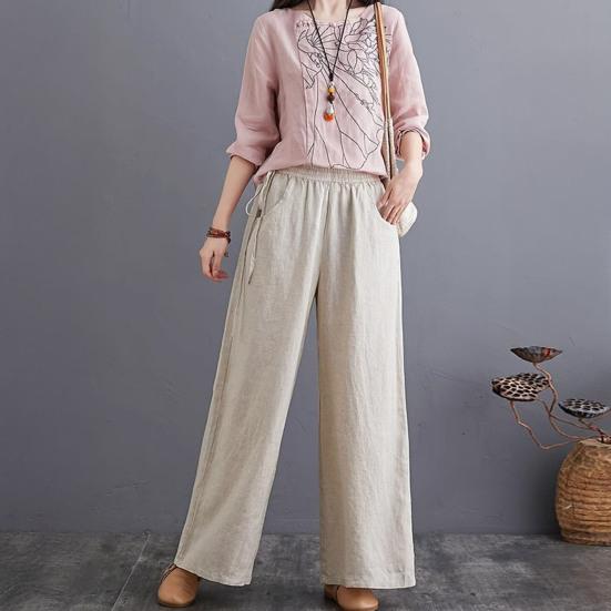Women Pants Elastic Waistband Adjustable Drawstring Wide Leg Long Pants with Pockets Pure Color Leisure Trousers Summer Travel Work Wear