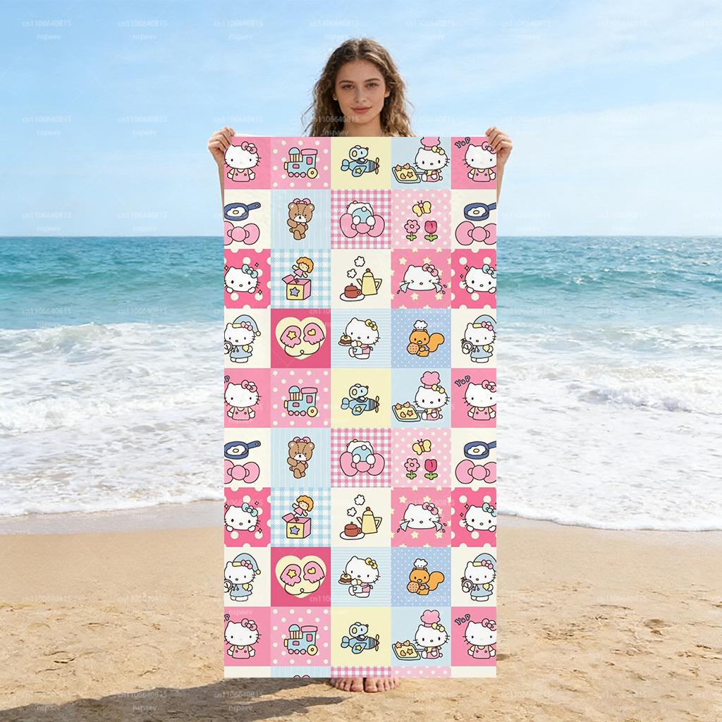 

Cute Hello Kitty Beach Towel, Soft Microfiber, Pink Cartoon Patchwork, Absorbent Bath Towel for Kids & Fans W40*H60(CM)