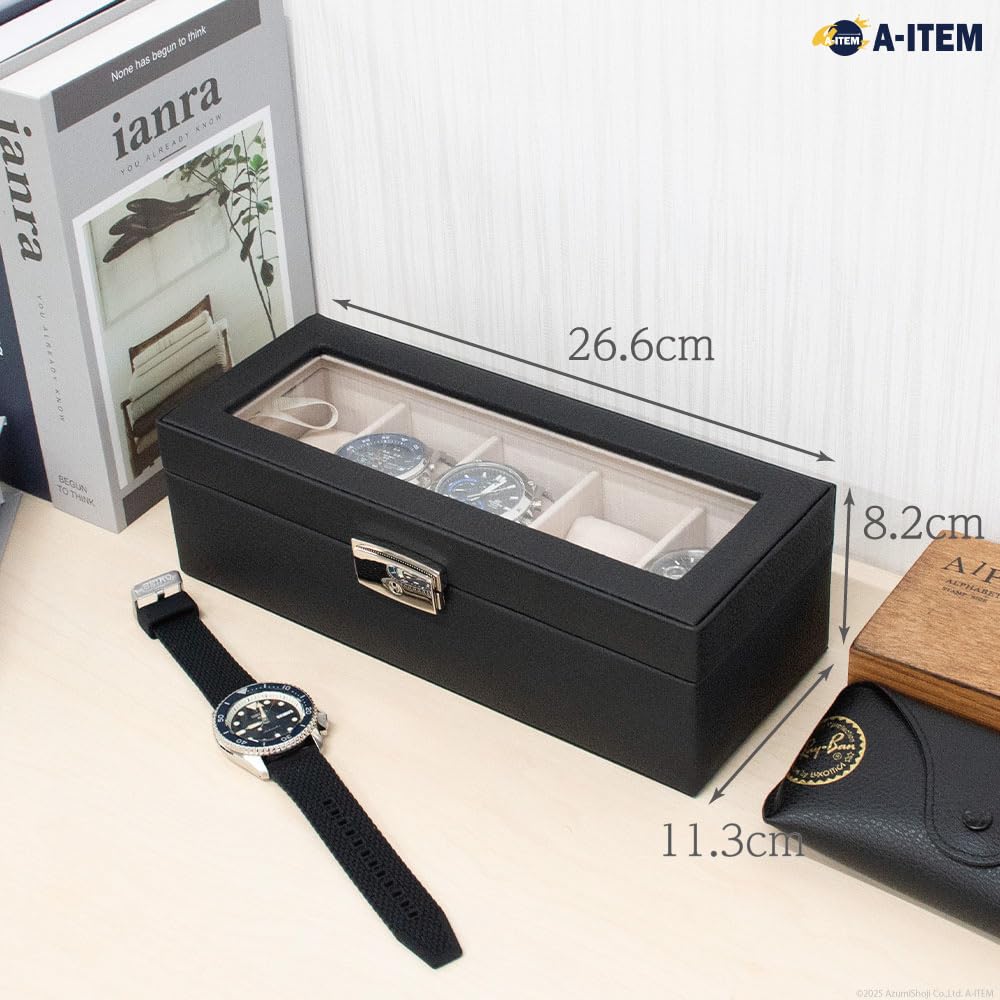 A-ITEM Watch Storage Case (Cowhide Leather) - Holds 5 Watches - Luxury Watch Case, Genuine Leather, Storage, Keeps Watches, Collection Case, Father's