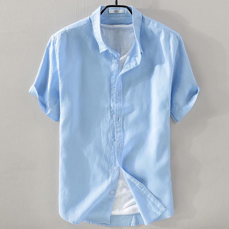 Men's White Cotton Linen Short-Sleeve Shirt - Casual Summer Wear