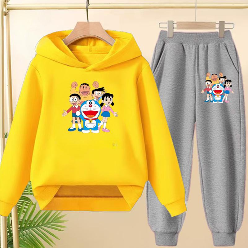 Set Felpa Invernale Calda per Bambini Doraemon, Maglia Lunga con Cappuccio Sportiva Casual e Pantaloni Lunghi Adatti a Bambini e Bambine dai 3 ai 12 Anni