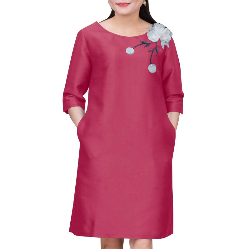 

ZANZEA Женское повседневное платье с круглым вырезом и рукавами 3/4 свободного кроя с цветочным принтом L ярко-розовый