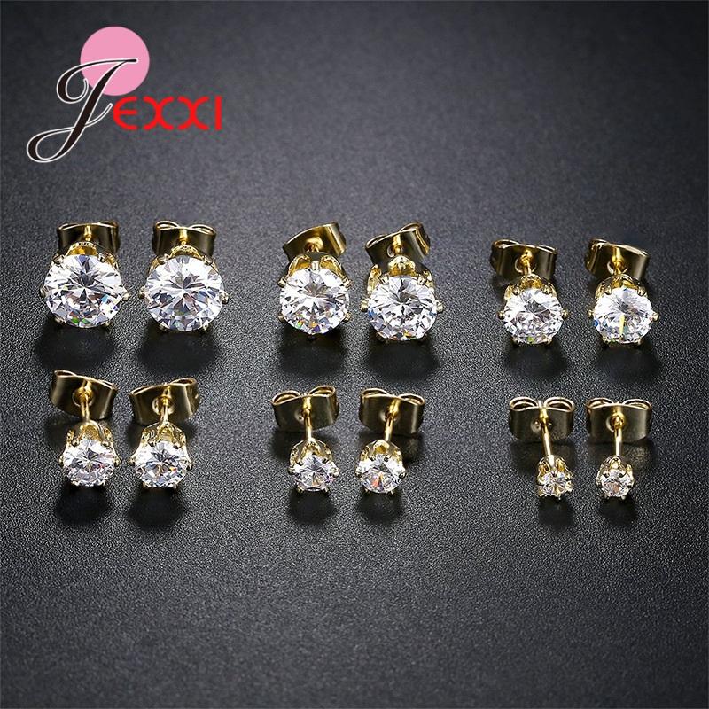 Fine 925 Sterling Silver Jewelry Earrings Clear Cubic Zircon 3MM 4MM 5MM 6MM 7MM 8MM Mix Size 6 Pairs Women Men Ear Accessories