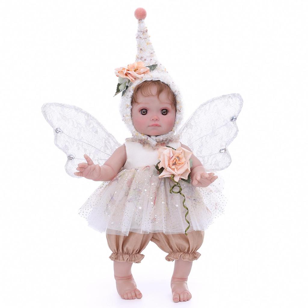 Full Silicone Vinyl Baby Dolls Reborn 18 Inch Cosplay Fairy Angel Cute Babies Doll with Rooted Hair and Wing Fashion Christmas Gifts Toy Decoration