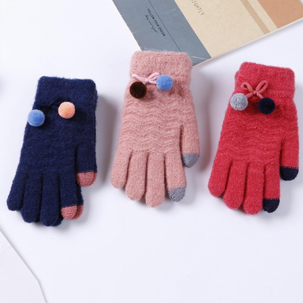 Women Knit Gloves with Cute Plush Ball Warm Hands Keeper Lady Touch Screen Gloves
