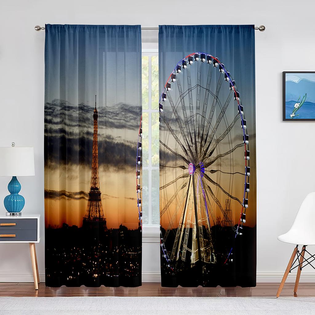 Giant Vertical Revolving Ferris Wheel Tulle Curtains Living Room Bedroom Decor Chiffon Sheer Voile Kitchen Window Curtain Drapes