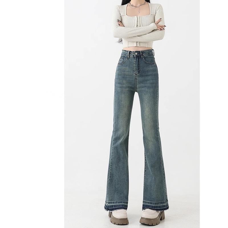 Women's Retro Blue High-Waist Micro-Flare Jeans - Slimming, Stretch, Plus Size, Pear-Shaped Fit, Long Pants for Spring