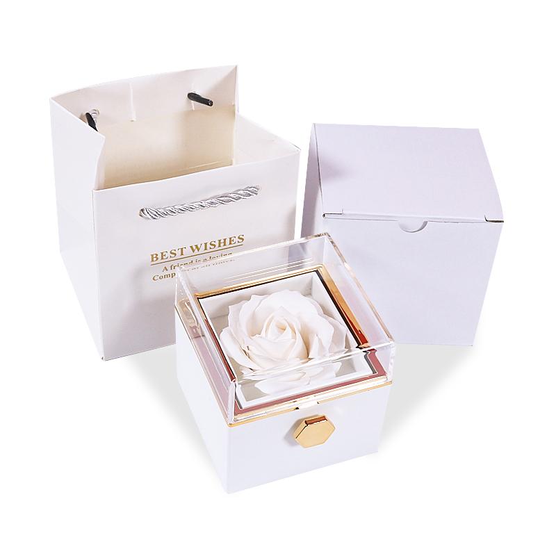 Manual Rotating Preserved Flower Jewelry Box with Necklace Ring Holder Luxury Acrylic Eternal Rose Box for Anniversary Gift