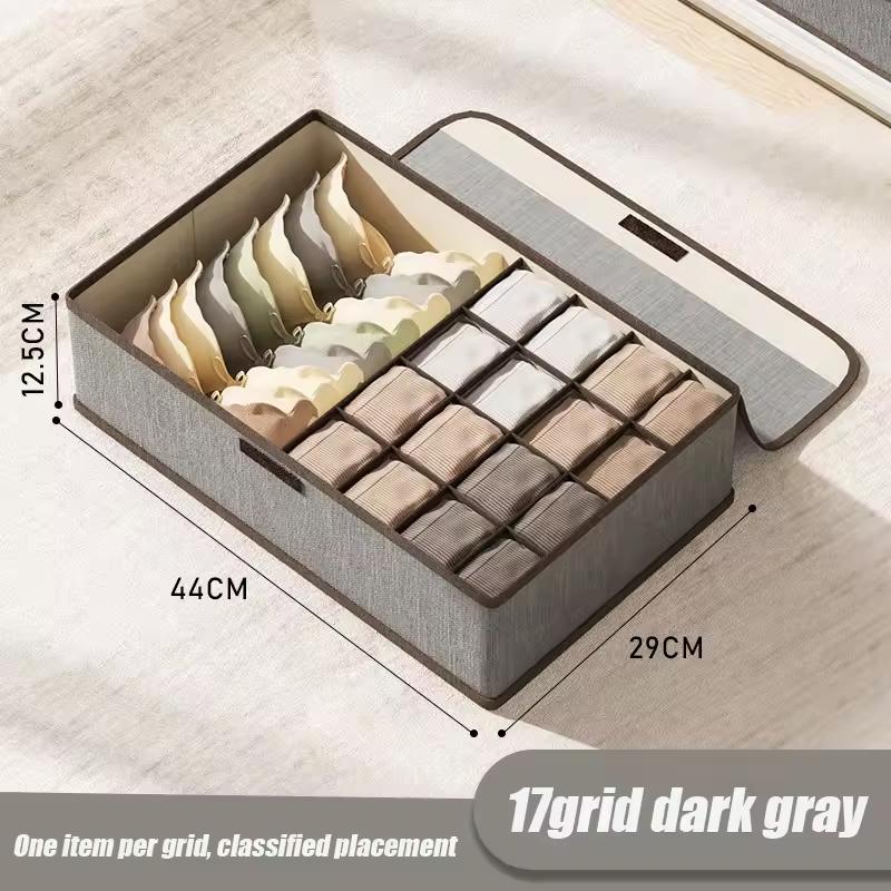 Underwear Storage Box Cotton And Linen Six-compartment Compartment With Lid Underwear Box With Compartments Drawer Style