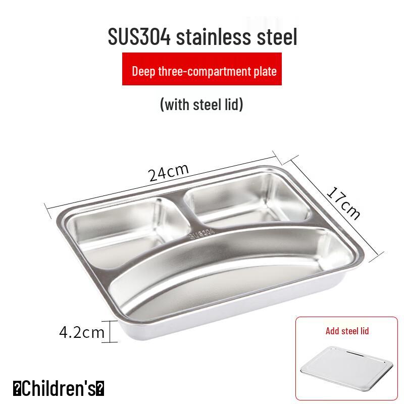 Wuhe Stainless Steel 3-Compartment Deep Meal Tray with Lid (Set of 2)