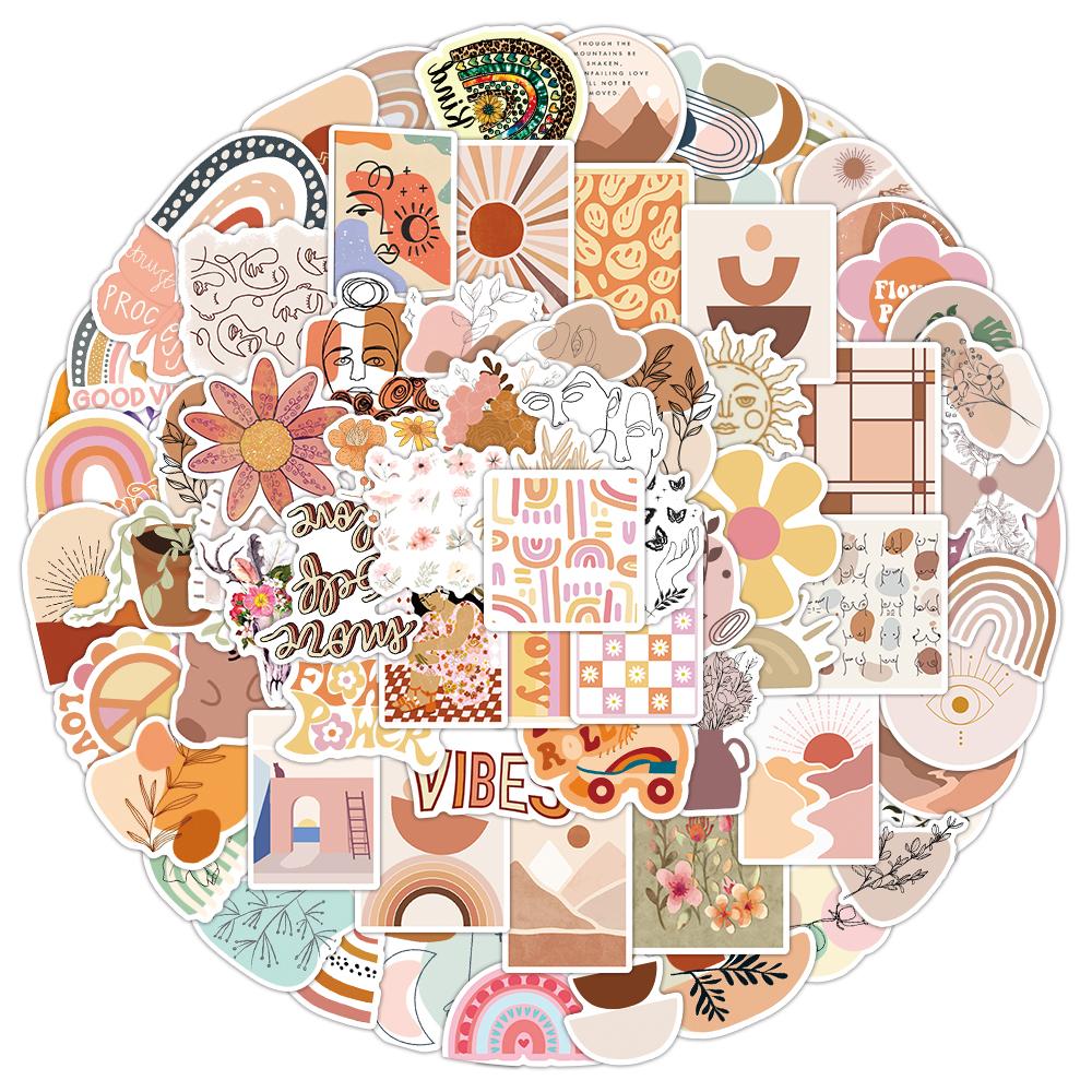 50 100Pcs Vintage Art Bohemia Stickers Retro Boho Cartoon Morandi Vinyl Decals For Laptop Scrapbooking Notebook Case Decor