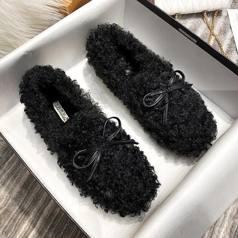 Fashion Women Winter Furry Shoes New Moccasins Soft Flat Non-slip Loafers Fashion Comfort Warm Plush Slip on Female Cotton Ballet Shoes