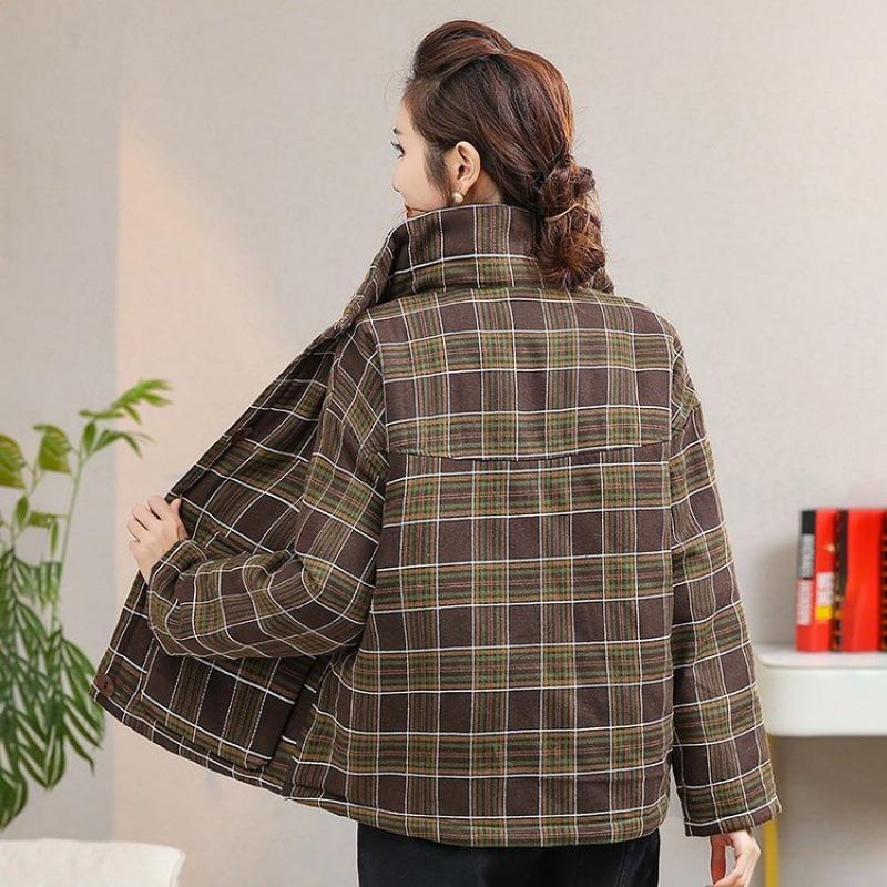 Winter new loose cotton-padded clothes stand-up collar cotton-padded jackets plaid women's cotton-padded clothes thickened warm jackets