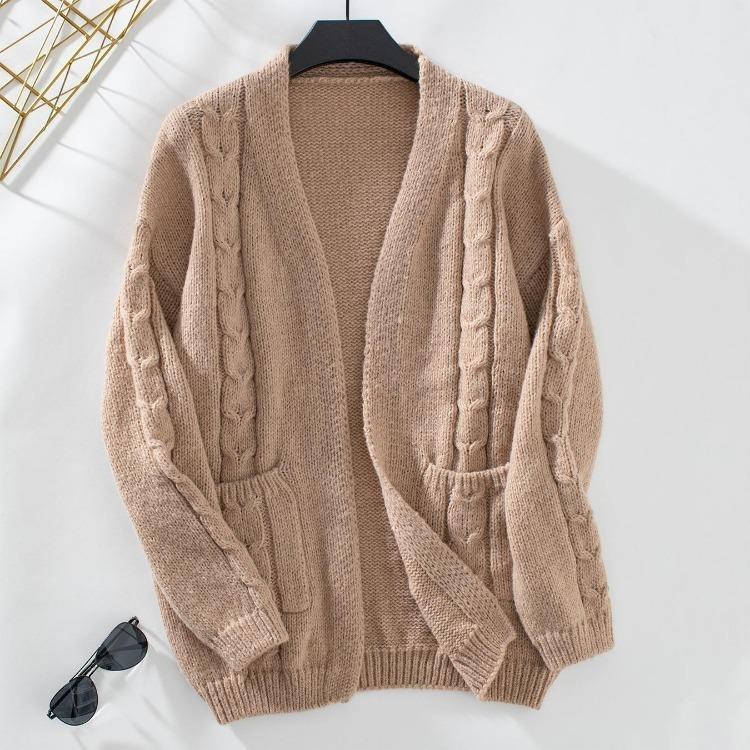 

Vintage Autumn Winter Solid Color Loose V-Neck Long Sleeve Knitwear Cardigan Sweater Top S