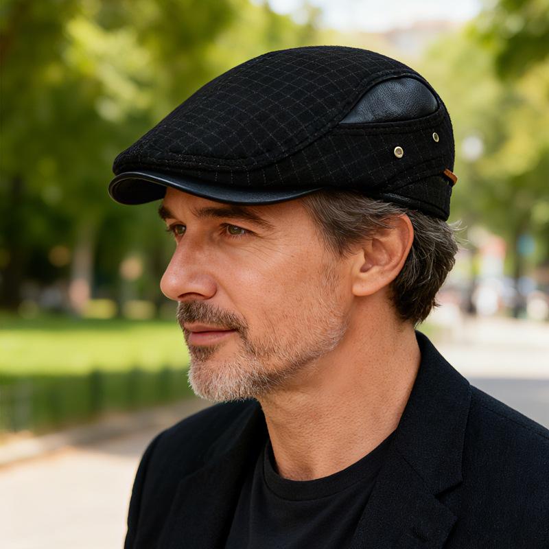 Autumn Winter Plaid Forward Hat Men's Thick Warm Cotton Hat Outdoor Middle-Aged and Elderly Ear Protection Cap Woolen Hat