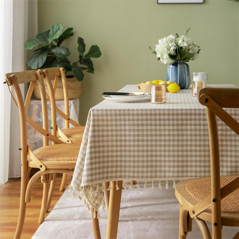 Linen Cotton Check Fringe Tablecloth Simple Rectangular Dining Table Cover