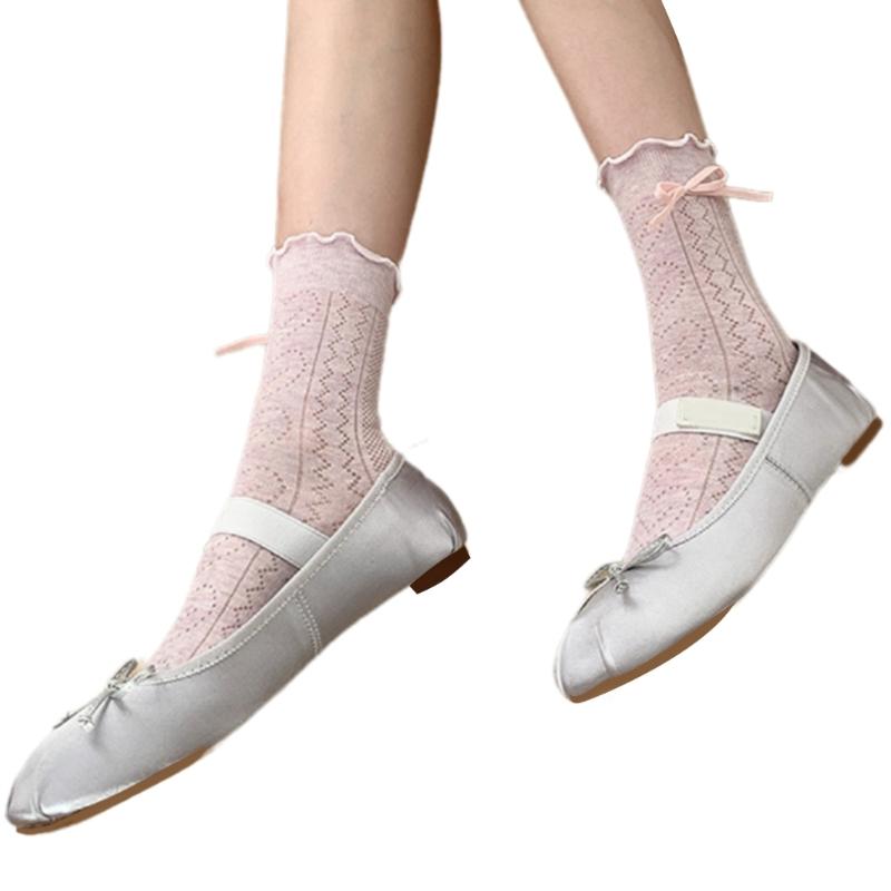 Women's Japanese Sweet Bowknot Accent Crew Socks Elegant Students Hollowout Heart Pattern Ruffle Top Middle Calf Socks