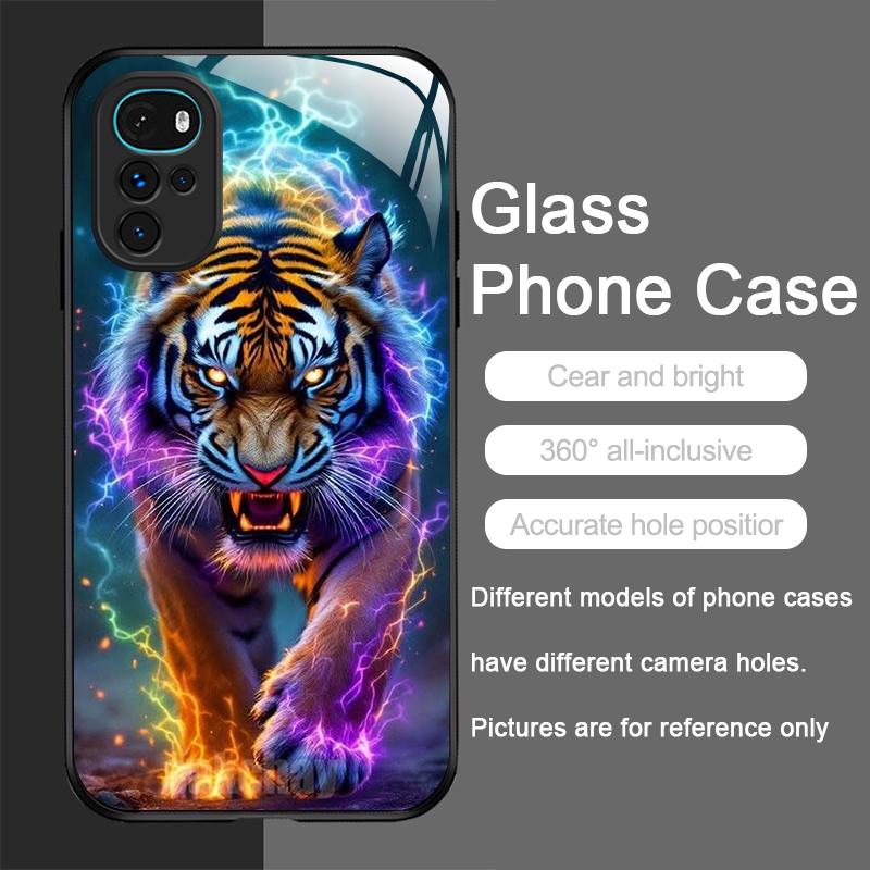 Golden Black Tiger Stripe Flame Print Tempered Glass Phone Case for Motorola Moto G85 G84 G75 Edge 50 Fusion 40 Neo 30 Pro Cover