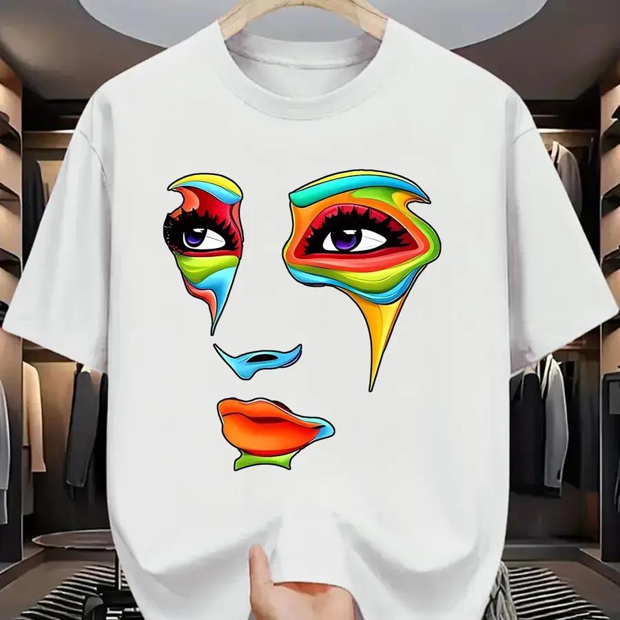 New styleUnisexs Summer Fashion Graphic TShirt Casual Polyester Crewneck Tee with Colorful Abstract Face Print Machine Washa