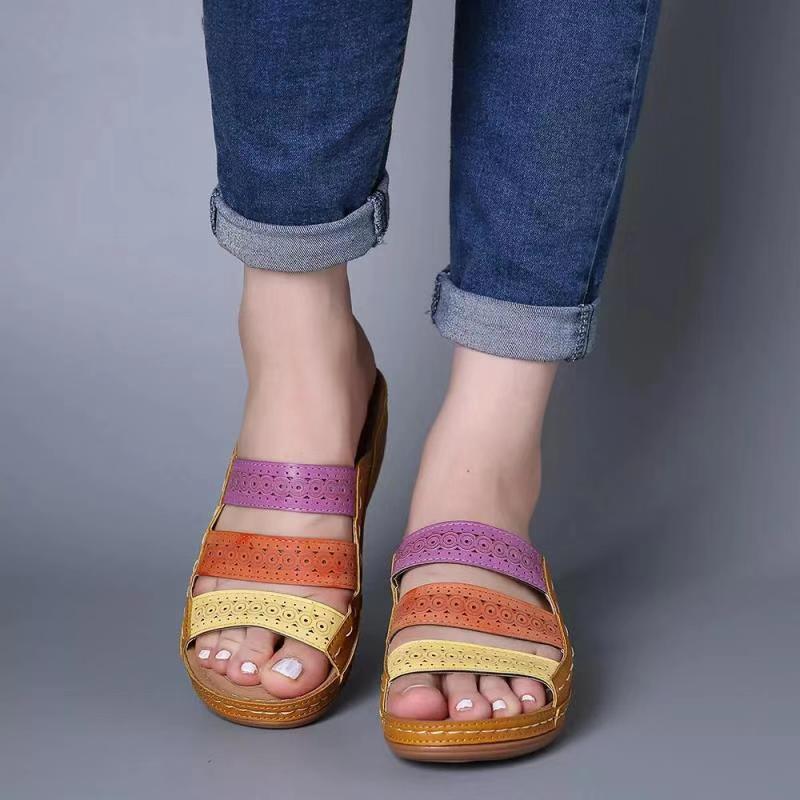 2025 Summer Women's Wedge Sandals: European & American Style, Color Block, One-Strap Design, In Stock