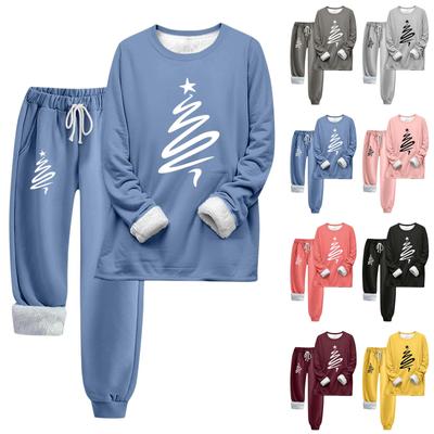 Conjunto de dos piezas para mujer, chándal cálido con forro polar, sudadera de manga larga con cuello redondo y estampado navideño, pantalones deportivos con cordón en la cintura