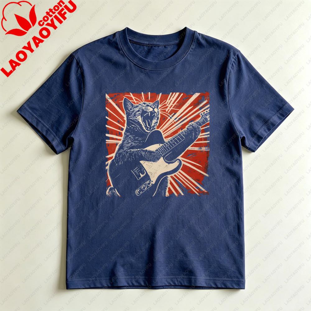 Rock Roll Cat Playing Electric Guitar Graphic TShirt Retro Rock Cat Funny Music Lover Crewneck Tshirt Unisex Unisex Cotton Tops S