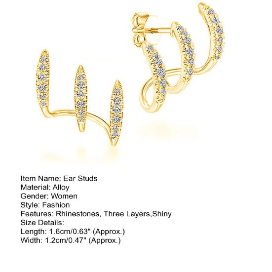 Yousheng 1 Pair Stud Earrings Three Layers Arc Temperament Shining Rhinestones Ear Studs Fashion Jewelry