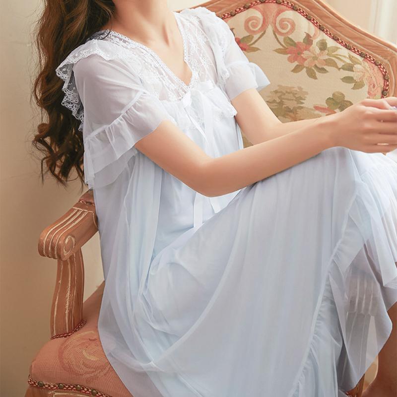 Síťované pyžamo Dámské s výstřihem do V Korejský Vintage Krajkový Elegantní Princezna noční košile s krátkým rukávem Domácí oblečení Midi šaty