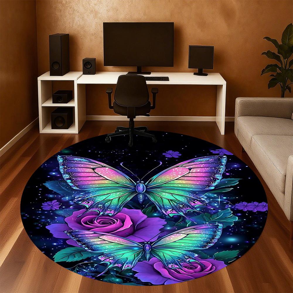 1pc Butterfly Roses Round Chair mat office Area Rug - Non-Slip, Floor Mat for Office, Bedroom, and Indoor Decor p127126