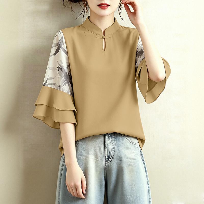 ZANZEA Women Casual Stand Collar Loose Splice 3/4 Sleeve Blouse