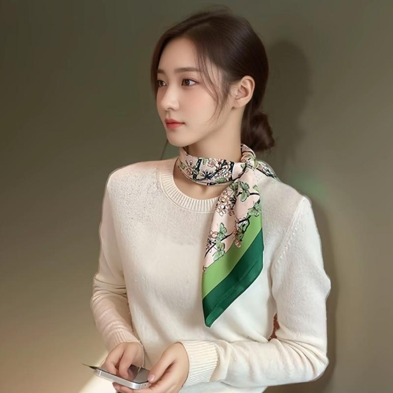 70cm Silk-Like Square Scarf Women Lightweight Floral Print Neck Wrap Office Chic Accessory