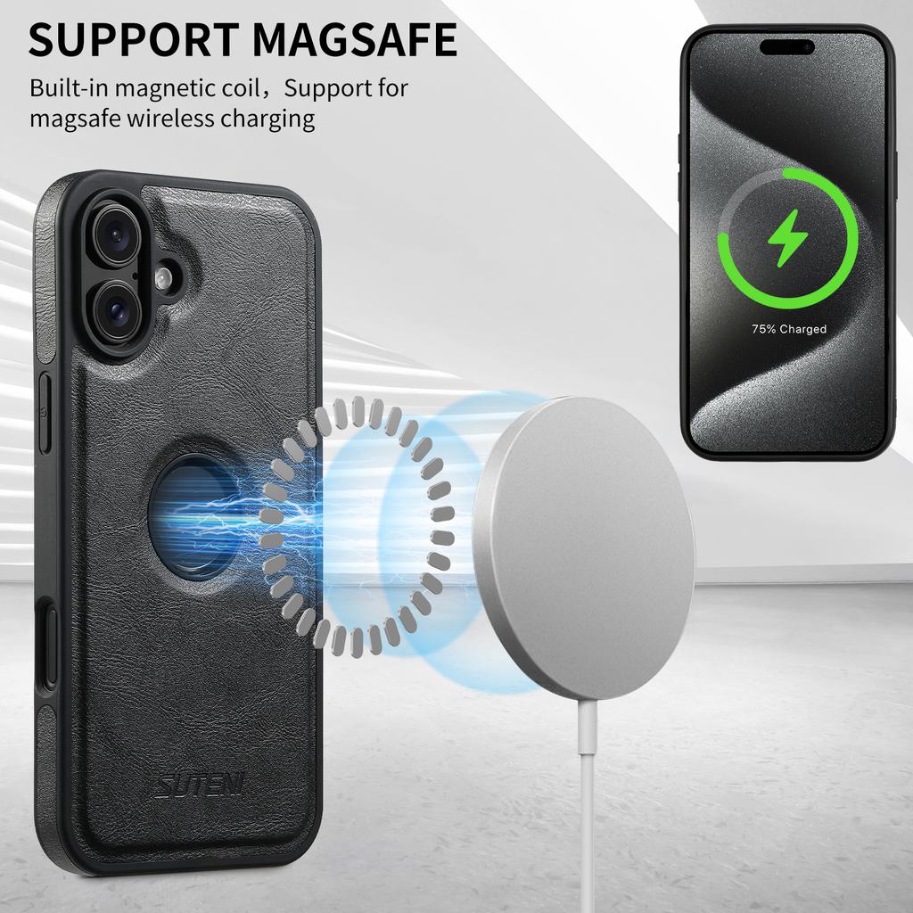 SUTENI G1 For iPhone 16 Magnetic Case Waxy Texture Leather Coated TPU Phone Cover