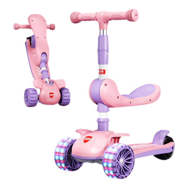 

Детский мигающий самокат светодиодная подсветка звуковое сопровождение 3 режима регулировки игрушка складной розовый